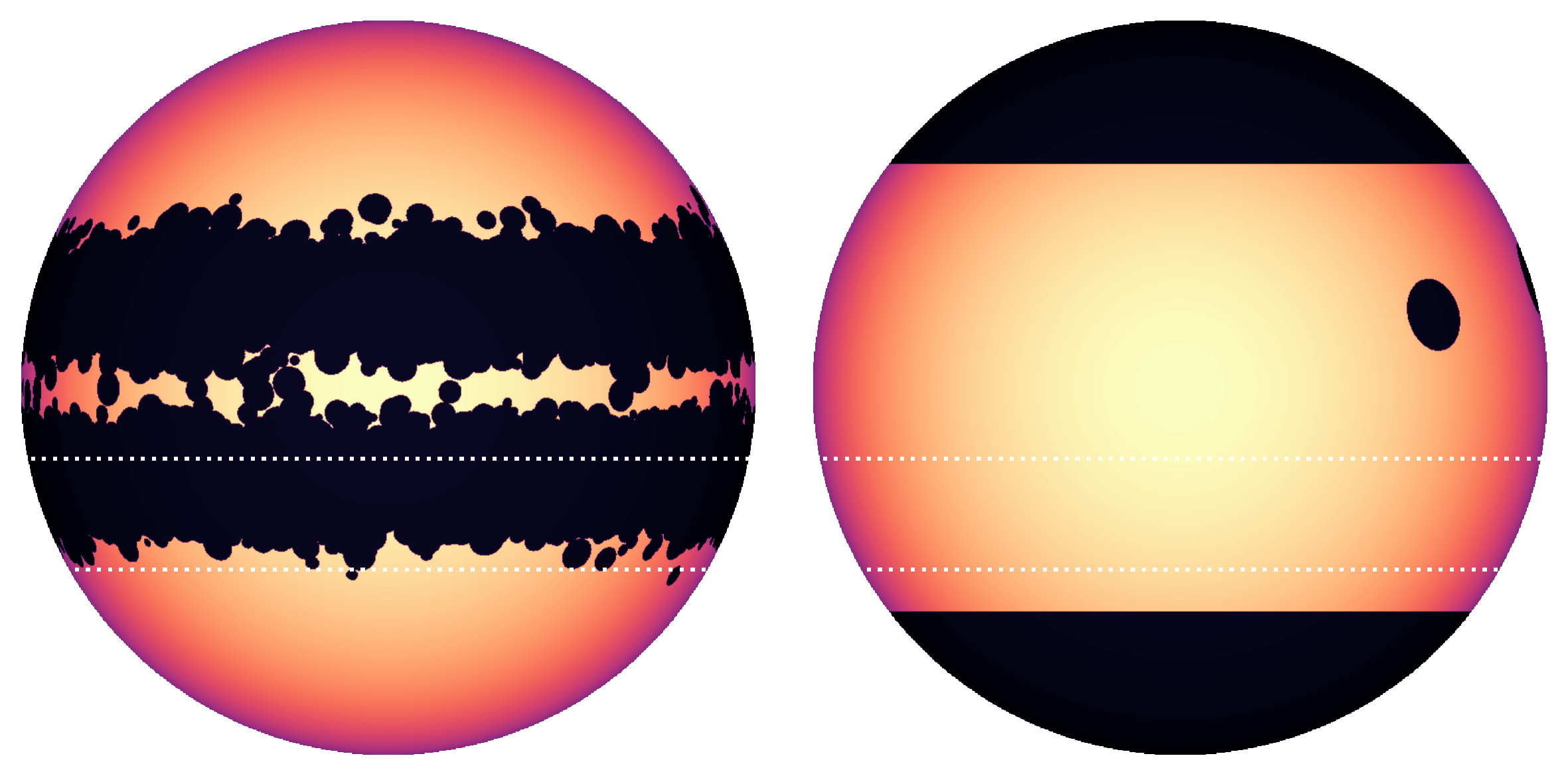 Illustrations of HD 189733 A with extensive dark spots arranged in latitude bands or polar regions, compared with a more sparsely spotted non-axisymmetric surface